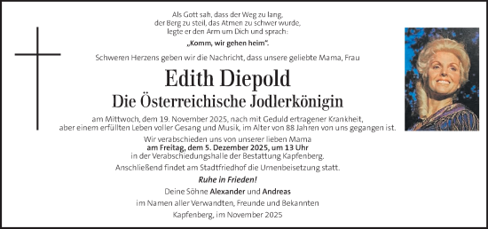 Traueranzeige von Edith Diepold von Kleine Zeitung