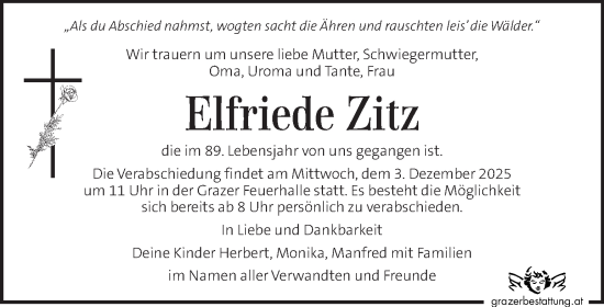 Traueranzeige von Elfriede Zitz von Kleine Zeitung