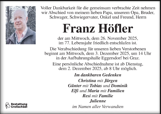 Traueranzeige von Franz Höfler von Kleine Zeitung