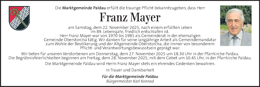  Traueranzeige für Franz Mayer vom 27.11.2025 aus Kleine Zeitung