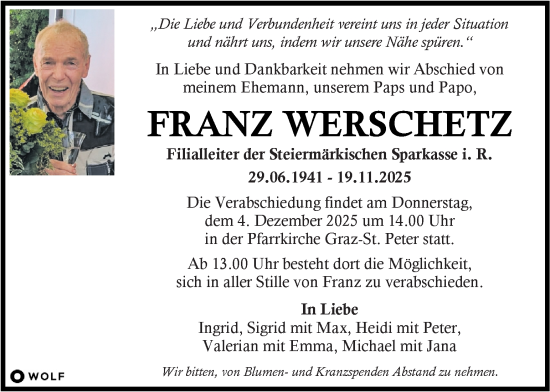 Traueranzeige von Franz Werschetz von Kleine Zeitung