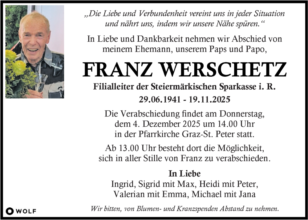  Traueranzeige für Franz Werschetz vom 28.11.2025 aus Kleine Zeitung