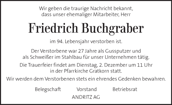 Traueranzeige von Friedrich Buchgraber von Kleine Zeitung