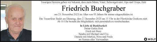 Traueranzeige von Friedrich Buchgraber von Kleine Zeitung