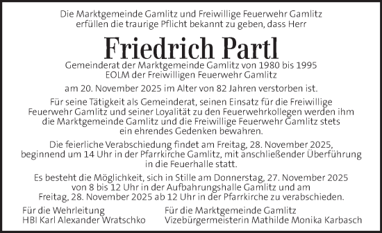 Traueranzeige von Friedrich Partl von Kleine Zeitung