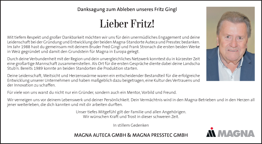  Traueranzeige für Fritz Gingl vom 30.11.2025 aus Kleine Zeitung