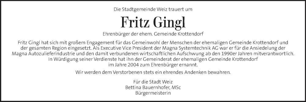  Traueranzeige für Fritz Gingl vom 26.11.2025 aus Kleine Zeitung