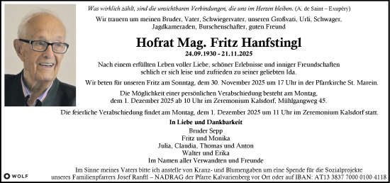 Traueranzeige von Fritz Hanfstingl von Kleine Zeitung