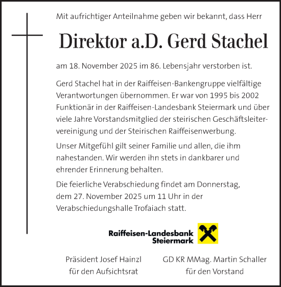 Traueranzeige von Gerd Stachel von Kleine Zeitung