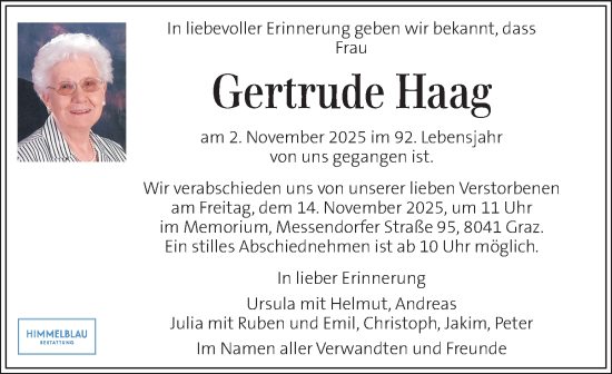 Traueranzeige von Gertrude Haag von Kleine Zeitung