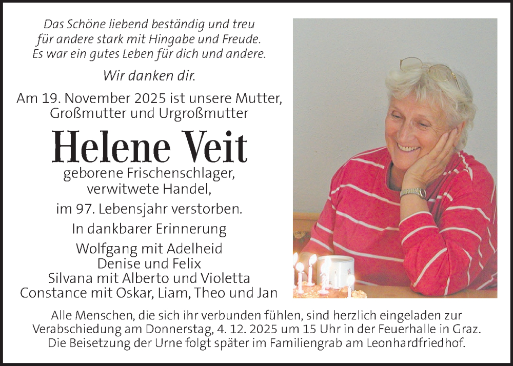  Traueranzeige für Helene Veit vom 29.11.2025 aus Kleine Zeitung