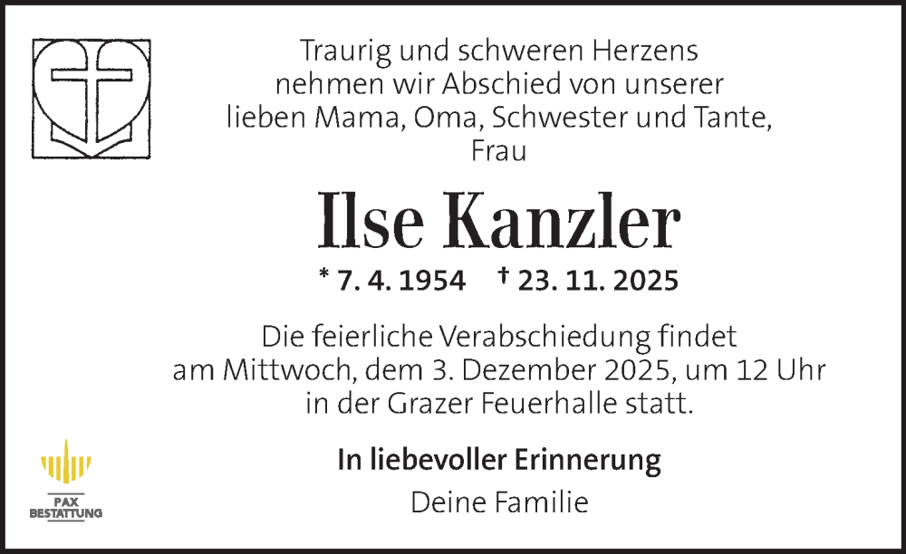  Traueranzeige für Ilse Kanzler vom 28.11.2025 aus Kleine Zeitung
