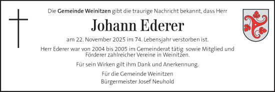 Traueranzeige von Johann Ederer von Kleine Zeitung