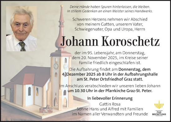 Traueranzeige von Johann Koroschetz von Kleine Zeitung