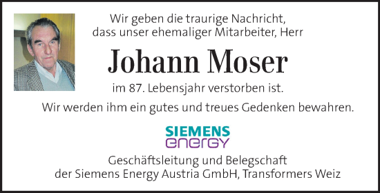Traueranzeige von Johann Moser von Kleine Zeitung