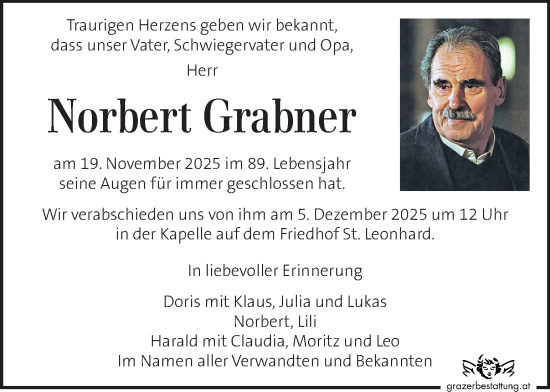 Traueranzeige von Norbert Grabner von Kleine Zeitung