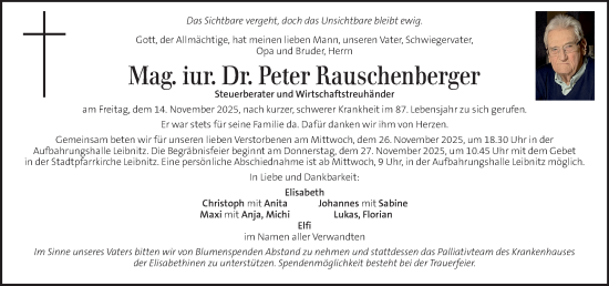 Traueranzeige von Peter Rauschenberger von Kleine Zeitung