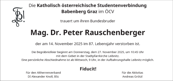 Traueranzeige von Peter Rauschenberger von Kleine Zeitung