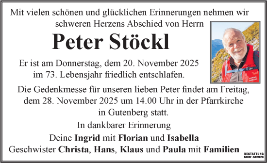 Traueranzeige von Peter Stöckl von Kleine Zeitung