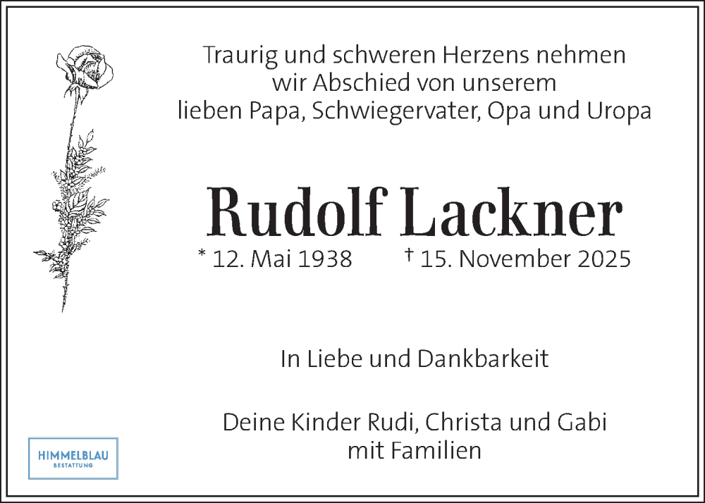  Traueranzeige für Rudolf Lackner vom 26.11.2025 aus Kleine Zeitung
