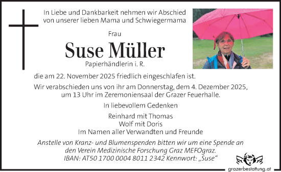 Traueranzeige von Suse Müller von Kleine Zeitung