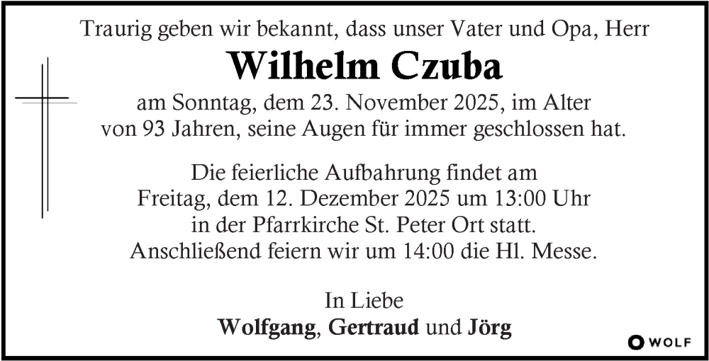  Traueranzeige für Wilhelm Czuba vom 28.11.2025 aus Kleine Zeitung