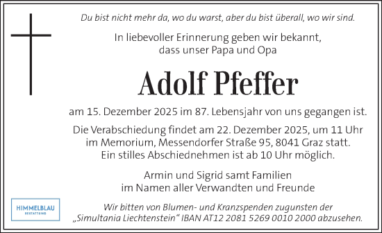 Traueranzeige von Adolf Pfeffer von Kleine Zeitung