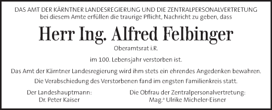 Traueranzeige von Alfred Felbinger von Kleine Zeitung