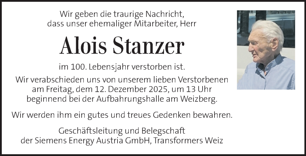  Traueranzeige für Alois Stanzer vom 12.12.2025 aus Kleine Zeitung