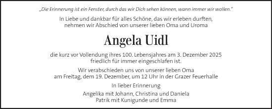 Traueranzeige von Angela Uidl von Kleine Zeitung