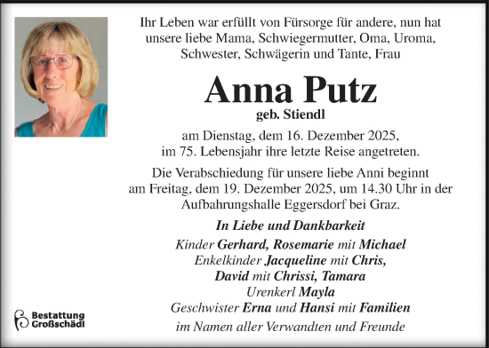 Traueranzeige von Anna Putz von Kleine Zeitung