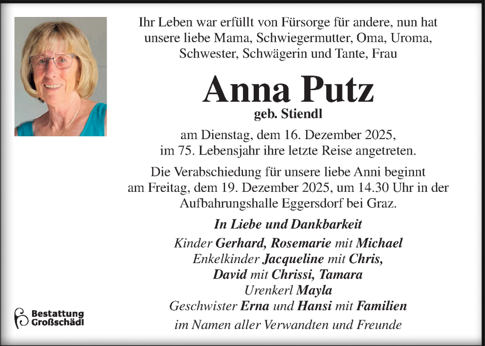  Traueranzeige für Anna Putz vom 18.12.2025 aus Kleine Zeitung