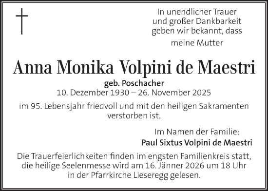 Traueranzeige von Anna Monika Volpini de Maestri von Kleine Zeitung
