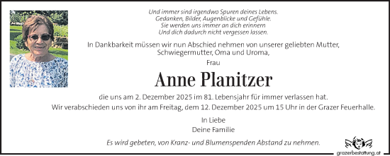 Traueranzeige von Anne Planitzer von Kleine Zeitung