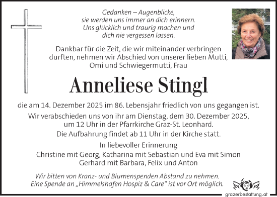 Traueranzeige von Anneliese Stingl von Kleine Zeitung
