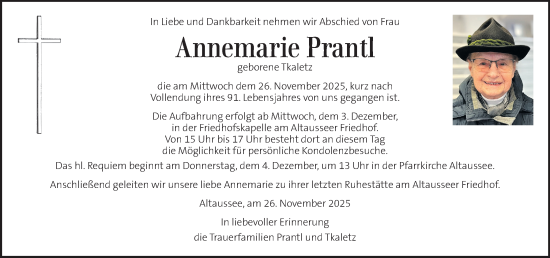 Traueranzeige von Annemarie Prantl von Kleine Zeitung
