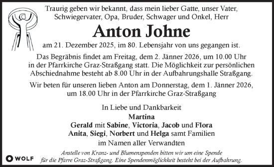 Traueranzeige von Anton Johne von Kleine Zeitung