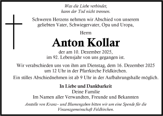 Traueranzeige von Anton Kollar von Kleine Zeitung