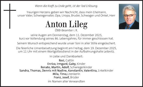 Traueranzeige von Anton Lileg von Kleine Zeitung