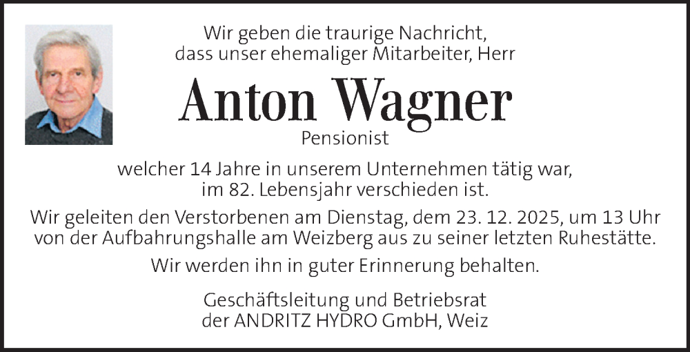  Traueranzeige für Anton Wagner vom 23.12.2025 aus Kleine Zeitung
