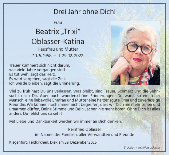 Traueranzeige von Beatrix Oblasser-Katina von Kleine Zeitung