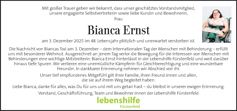  Traueranzeige für Bianca Ernst vom 12.12.2025 aus Kleine Zeitung