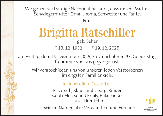 Traueranzeige von Brigitta Ratschiller von Kleine Zeitung