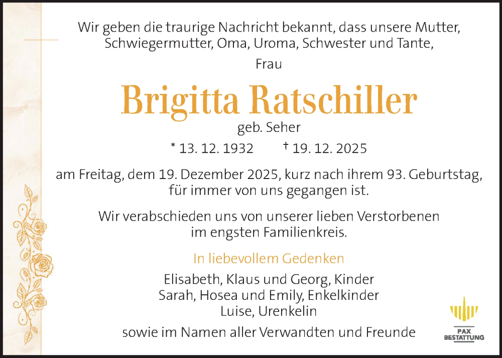  Traueranzeige für Brigitta Ratschiller vom 30.12.2025 aus Kleine Zeitung
