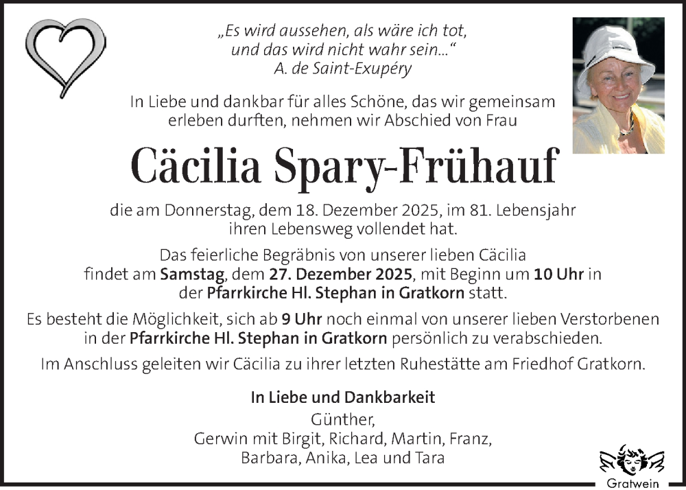  Traueranzeige für Cäcilia Spary-Frühauf vom 24.12.2025 aus Kleine Zeitung