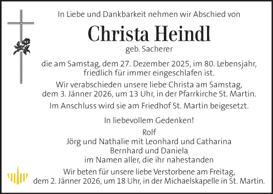 Traueranzeige von Christa Heindl von Kleine Zeitung