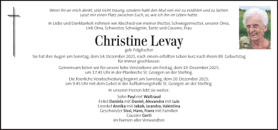Traueranzeige von Christine Levay von Kleine Zeitung
