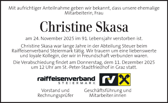 Traueranzeige von Christine Skasa von Kleine Zeitung