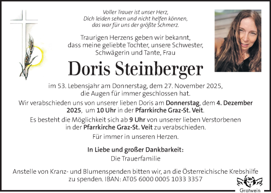 Traueranzeige von Doris Steinberger von Kleine Zeitung