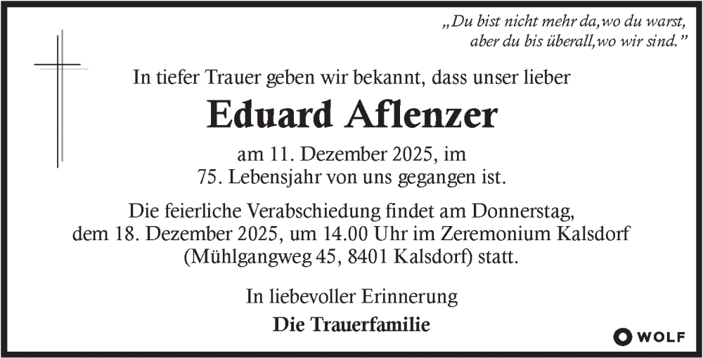  Traueranzeige für Eduard Aflenzer vom 16.12.2025 aus Kleine Zeitung